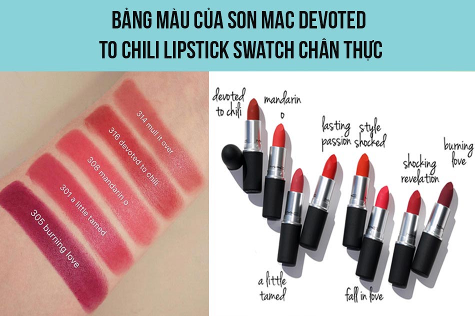 Bảng màu của son Mac Devoted To Chili Lipstick Swatch chân thực
