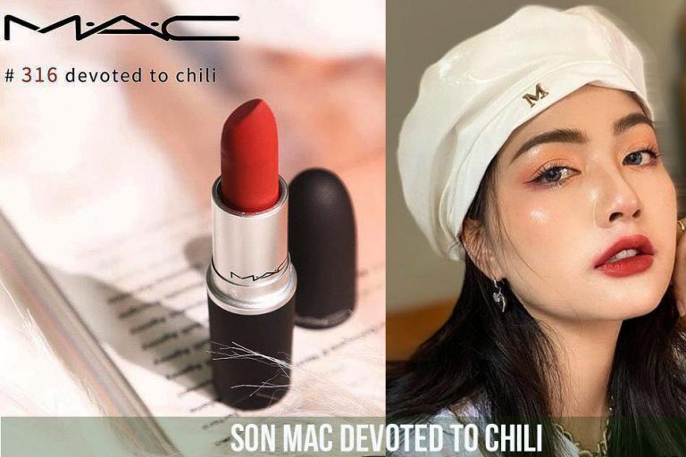 Review Son Mac Devoted To Chili Swatch So sánh với son Mac Chili