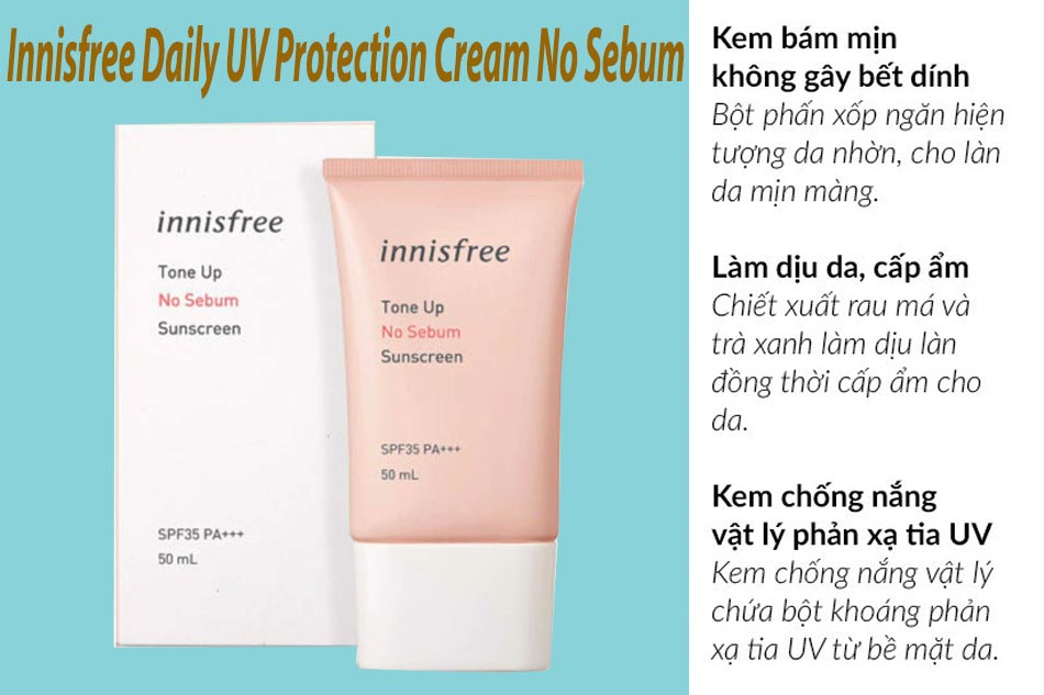 Kem chống nắng cho da dầu và mụn màu hồng Innisfree Daily UV Protection Cream No Sebum SPF50+ PA++++
